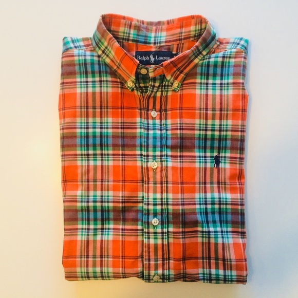 Polo Plaid Mens Shirt Orange Green Size 